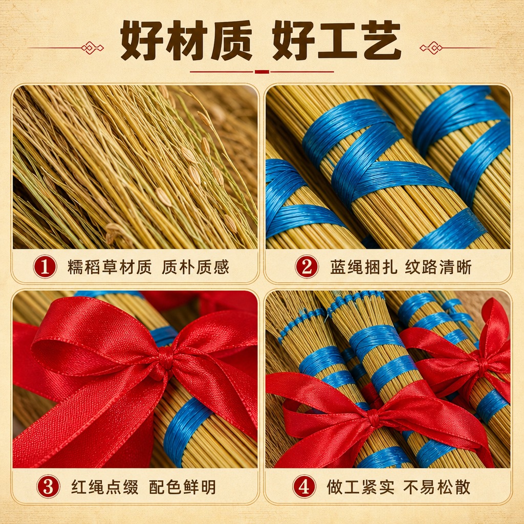 [商品] 使用【图3】多把糯稻草蓝绳捆扫把配红绳的细节特写；保… - 图片创意预览