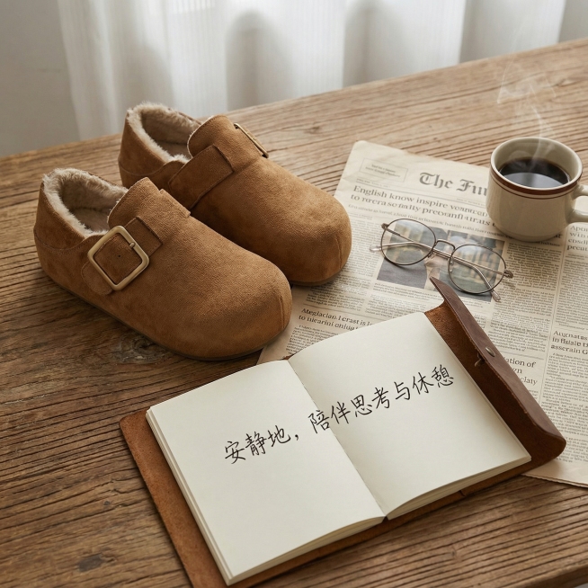 构图： 小场景。鞋子随意放在一张铺有英文报纸或翻开笔记本的木桌旁，旁边有一副金属细边眼镜、一个简约的陶瓷咖啡杯。

视觉焦点： 产品在特定生活方式场景中的自然融入。鞋子是场景的一部分，而非突兀的摆设。预览效果