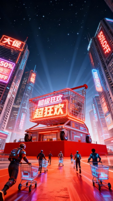 橙红色调，赛博朋克风格：一栋巨大的购物车，装饰霓虹文字广告牌“超级狂欢”作为主体，一群未来人推着科技感的购物车奔向同一个方向，周围高耸摩天楼布满密集有 “大促”“50%OFF”的灯牌装饰，仰视角度，广预览效果