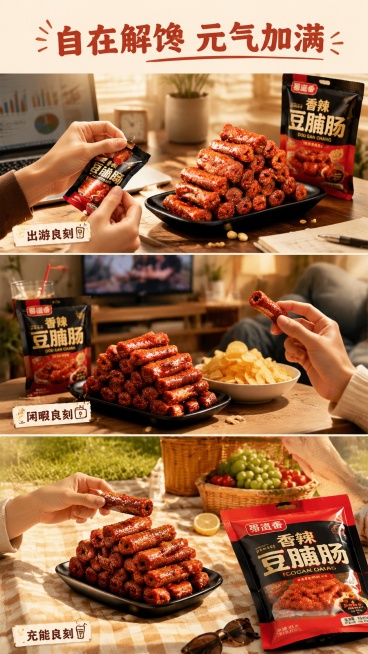 [第6屏] 食用场景屏-自在解馋，元气加满。本屏使用【图2】（黑盘堆叠）与【图3】（切面特写）合成三联场景图。
[氛围/风格] 生活化轻复古风，暖木色桌面+柔和窗光，营造轻松氛围。
[元素布局] 三格预览效果