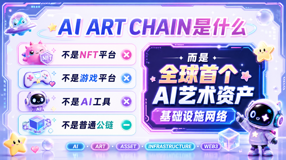 PPT项目定位页面，大标题“AI ART CHAIN是什么”，正文列出“不是NFT平台 不是游戏平台 不是AI工具 不是普通公链”，然后突出“而是全球首个AI艺术资产基础设施网络”，保持Y2K Kaw预览效果