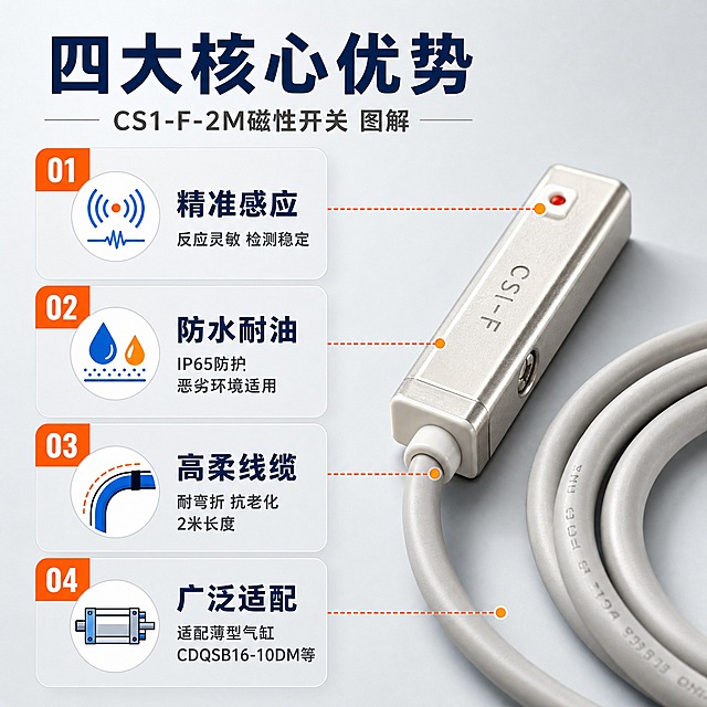 [主图-2] 产品亮点卖点图，主题：CS1-F-2M磁性开关四大核心优势图解。
[统一基调] 整体风格为专业工业品质感，背景采用浅灰渐变底，主标题字色为深蓝色，辅助字色为深灰色，强调色为橙色，字体为无衬线粗体，字号层级分明，信息卡片采用圆角矩形浅灰底配橙色标签，整体清爽规整。
[画面] 画面右侧为长条形磁性开关主体放大展示（带部分线缆），占画面约45%，略微倾斜摆放。左侧为四大卖点编号清单，每条配对应小图标。产品旁有引线连接到各卖点图标，指示对应部位。
[光影质感] 商业工业摄影质感，主光从左上方照射，产品金属感应头有清晰高光，线缆纹理细腻，阴影柔和自然，产品立体感强。
[配色] 背景浅灰渐变，编号数字橙色，卖点标题深蓝色，说明文字深灰色，图标蓝橙配色。
[文字版式] 顶部主标题：四大核心优势（深蓝色粗体大字）。左侧竖排4条卖点：01 精准感应（配感应波形图标）- 反应灵敏 检测稳定。02 防水耐油（配水滴油滴图标）- IP65防护 恶劣环境适用。03 高柔线缆（配线缆弯曲图标）- 耐弯折 抗老化 2米长度。04 广泛适配（配气缸图标）- 适配薄型气缸 CDQSB16-10DM等。每条卖点编号橙色大号，标题深蓝色中号，说明深灰色小号。
[输出要求] 1:1正方形，产品清晰，文字易读，卖点图标简洁明了，无水印无平台Logo，画面专业整洁。