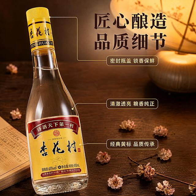 京东电商白酒主图第三张，细节品质图。画面中央偏左展示1瓶杏花村白酒的45度斜侧视角特写，重点展示瓶身标签细节和酒液通透质感，酒瓶外观与输入产品图完全一致，标签文字清晰锐利，玻璃酒瓶有细腻的高光和反光，瓶内酒液清澈透亮。背景为深棕色木质纹理桌面，右上角有一盏中式陶瓷台灯发出暖光，桌面上散落着几片干杏花和一本古籍书页。画面右侧排版：上方主标题写“匠心酿造 品质细节”，深棕色粗体；下方用极细的金色引线从瓶身不同部位引出三个标注：指向瓶盖写“密封瓶盖 锁香保鲜”，指向酒液写“清澈透亮 粮香纯正”，指向瓶标写“经典黄标 品质传承”。整体风格精致有质感、细节丰富，商业微距摄影质感，暖调侧光，层次分明。商品主体占比约65%。1:1比例，文字清晰，超高清。