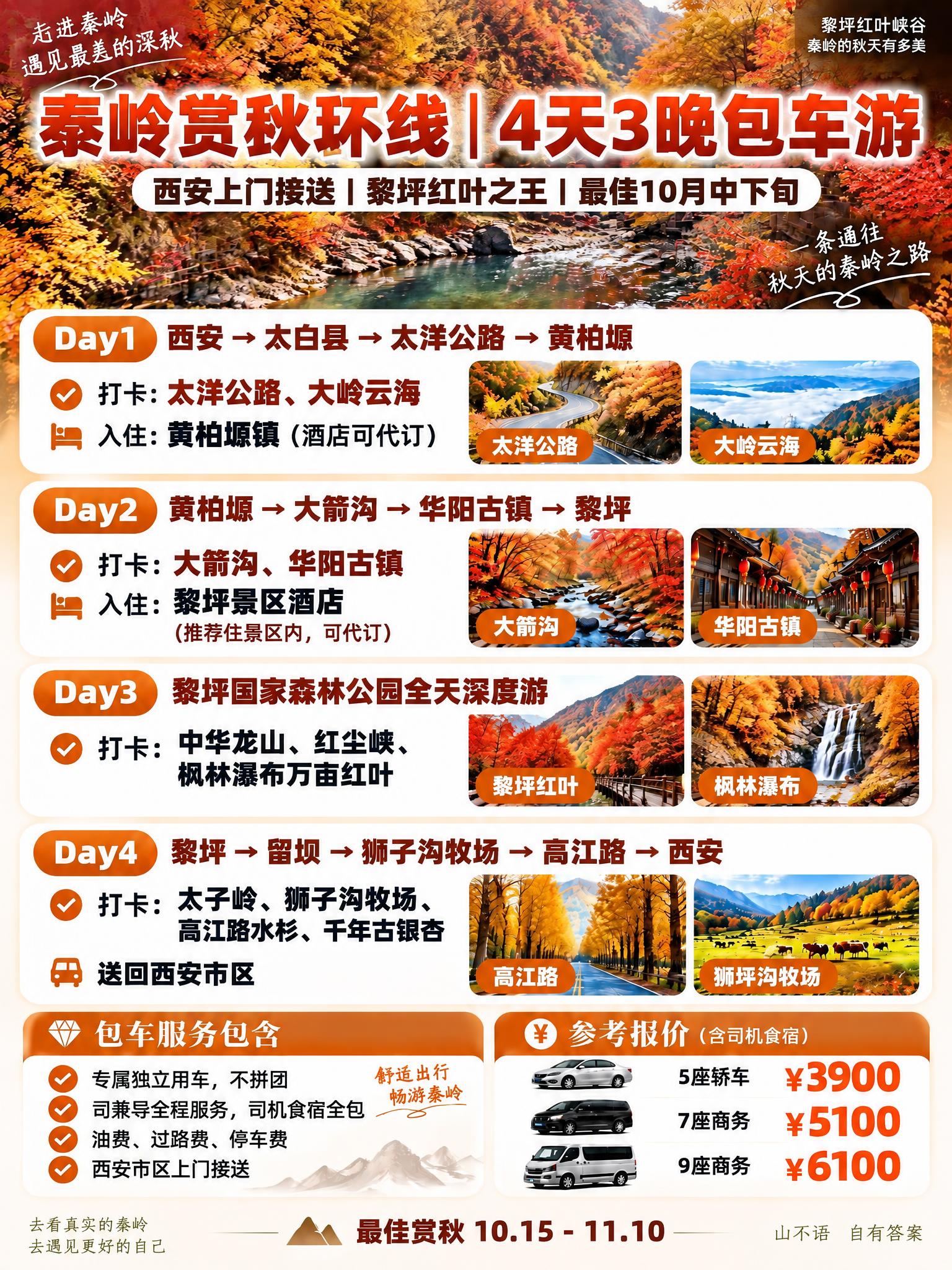 基于参考海报，保留黎坪红叶峡谷实景背景和4天3晚行程结构，做以… - 图片创意预览