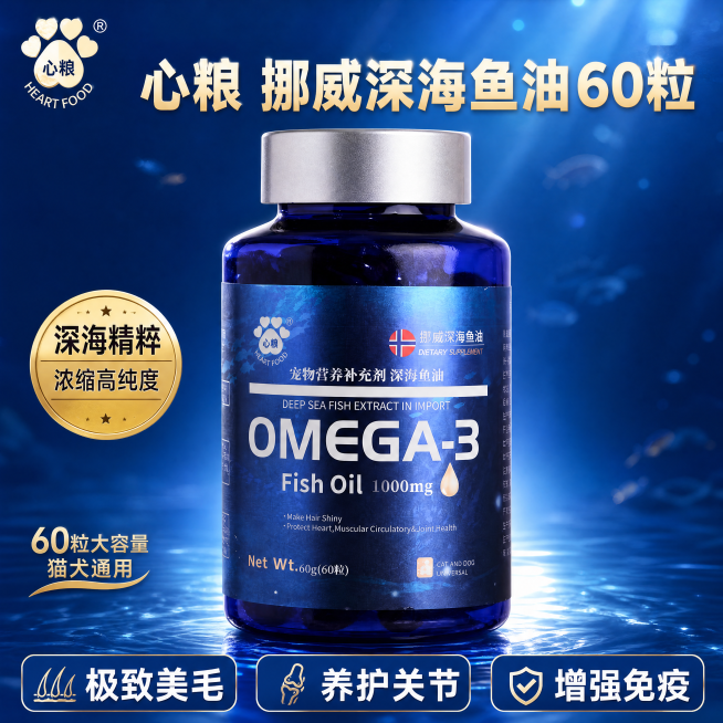 [主图-1] 心粮深海鱼油宠物营养补充剂首图
[氛围风格] 拼多多风格，大字直白，高性价比感，清晰吸睛
[画质] 商业摄影质感，光线柔和通透，产品清晰真实，画面干净高级
[元素] 心粮深海鱼油蓝色瓶装预览效果