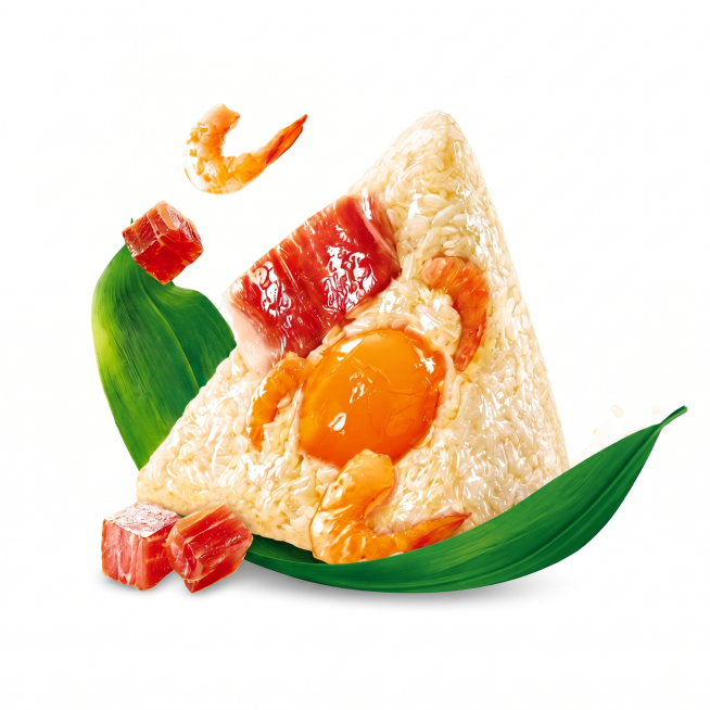 去掉图片里所有的奶白色液体飞溅效果，保留原粽子、咸肉、虾仁、咸蛋黄和粽叶，保持白色背景不变，维持整体构图和元素位置不变预览效果