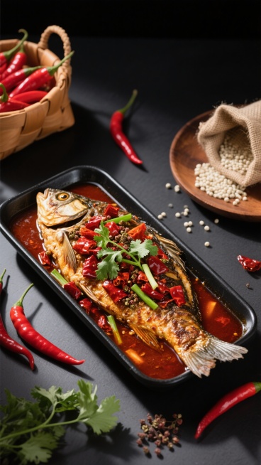 一张精心构图的美食摄影照片，画面中心是一个黑色长方形烤盘，里面盛放着一条完整的烤鱼，鱼身覆盖着大量鲜红的干辣椒段、翠绿的香菜段、葱段和饱满的花椒，浸泡在油亮的红棕色汤汁中，鱼眼突出，鱼皮微焦，肉质隐约可见。烤盘周围散落着几根完整的红辣椒，左侧有一个装满新鲜红辣椒的浅棕色编织篮子，右侧背景处有一个木质圆盘，上面放着一个开口的麻布袋，袋中白色的花椒粒洒落出一部分在盘子上。整个场景置于深色哑光背景上……预览效果