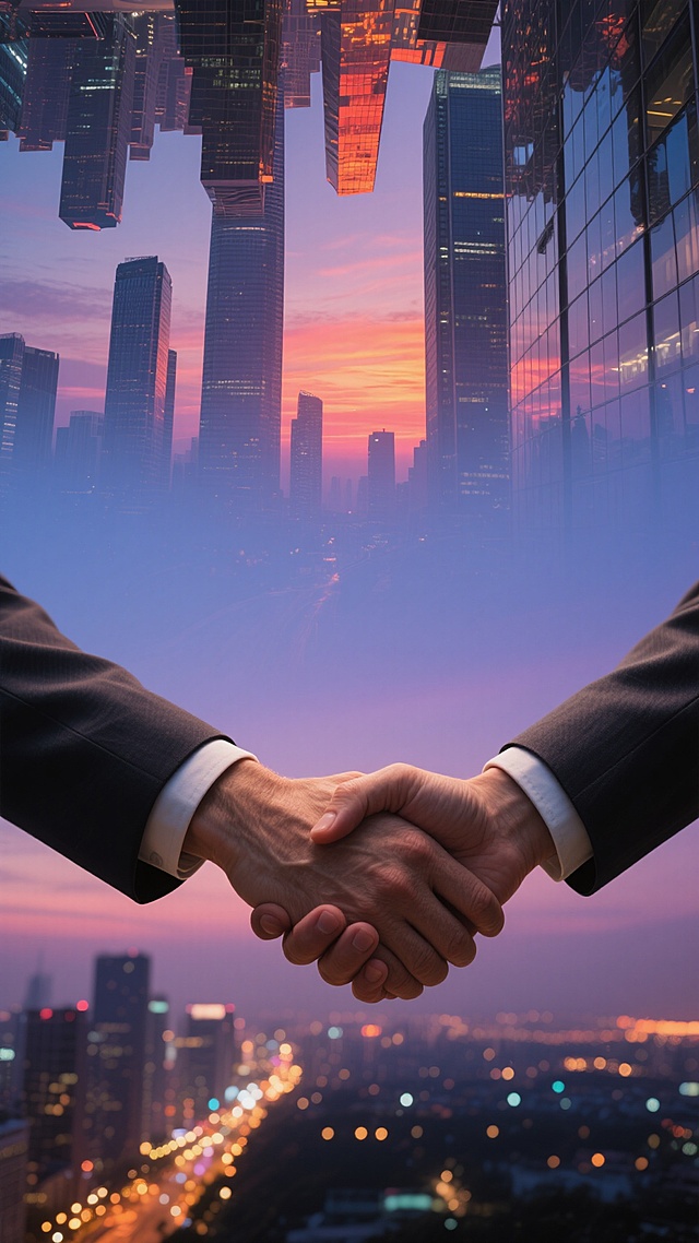 超写实风格商业概念摄影，两只不同造型样式的手于画面中央有力紧握，手部皮肤纹理及西装袖口精致剪裁清晰呈现，背景为城市天际线双重曝光效果，上半部分是日落时分蓝紫色渐变黄昏天空与摩天大楼玻璃幕墙反射的温暖橙红色晚霞，下半部分是灯火璀璨的城市夜景如繁星点缀，对称平衡构图，柔和且具层次感光线，突出主体手部同时展现城市繁华与现代感，无文字、logo、水印