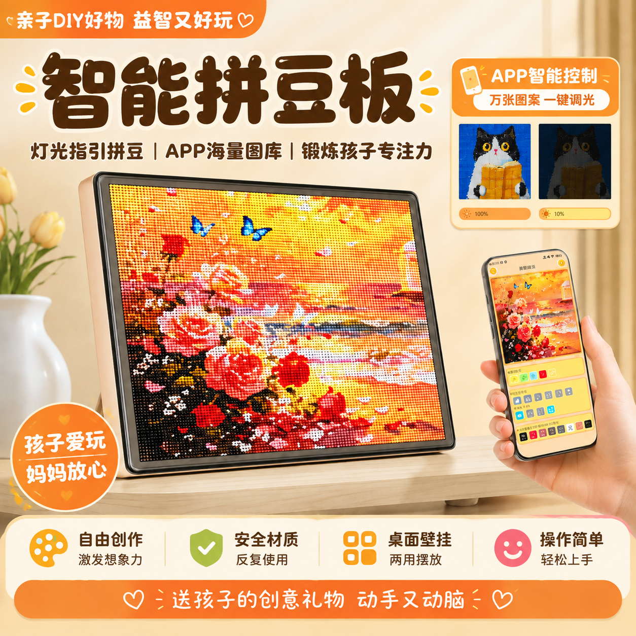 保留原图中所有产品画面、产品位置、产品角度、背景、拼豆板、手机… - 图片创意预览