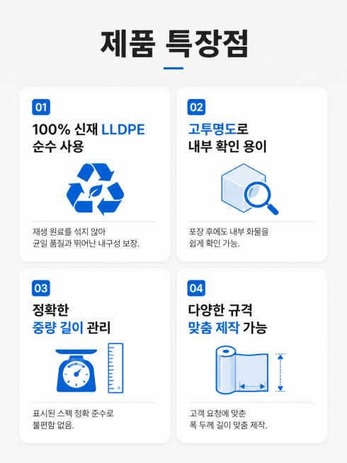 「图片1」 제품 특장점（产品特色）
韩文：
신재 LLDPE 100% 순수 사용
재생 원료를 섞지 않은 순수 신재 LLDPE만 사용해, 균일한 품질과 뛰어난 내구성을 보장합니다. 
고预览效果