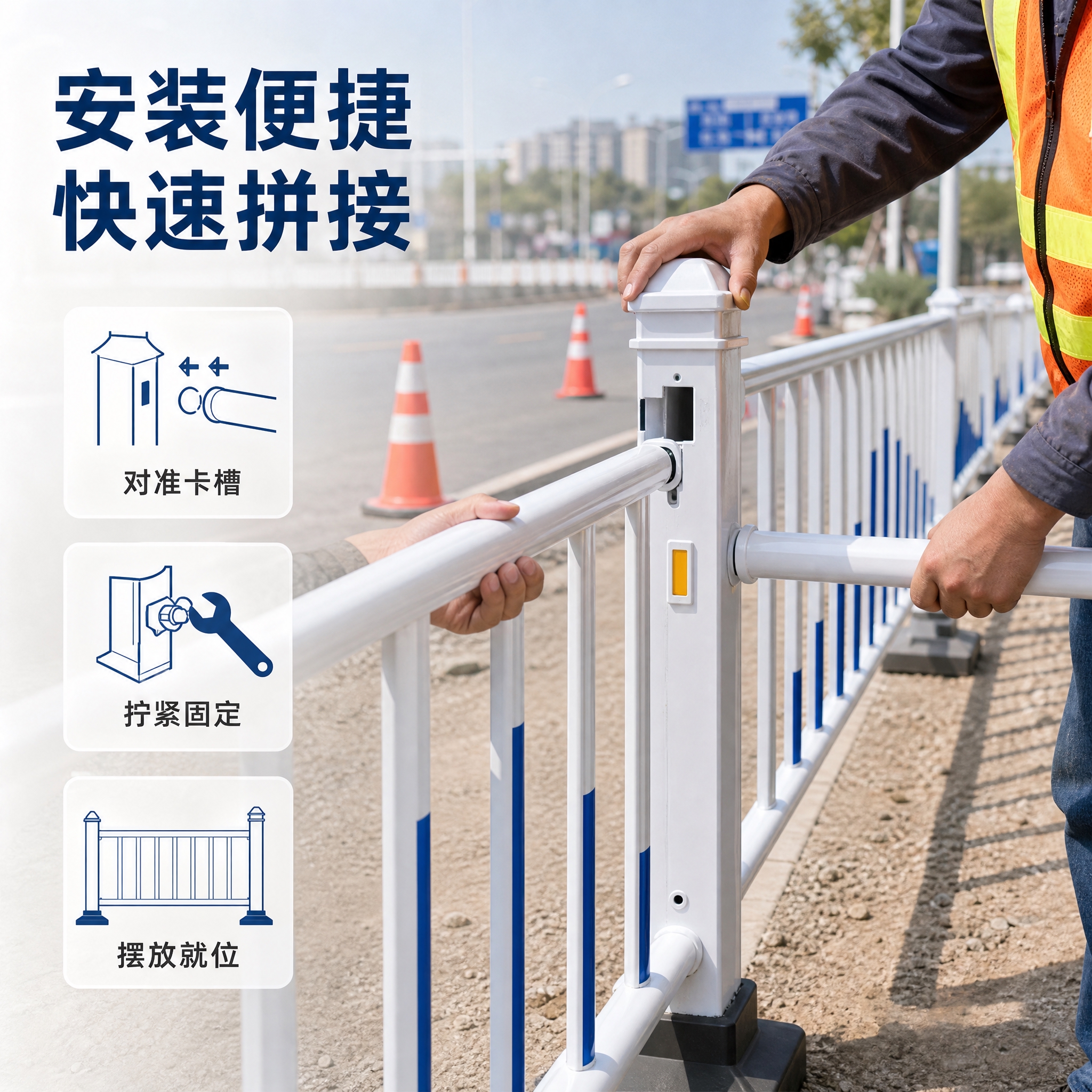 [主图-3] 市政道路护栏安装便捷展示图，核心任务是展示护栏安… - 图片创意预览