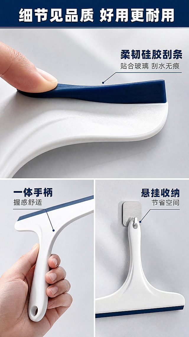 [商品] 使用【图1】手持T型玻璃刮水器；保留白色手柄、深蓝色硅胶刮条、T型结构、悬挂孔；商品处理：局部特写保留材质质感，刮条特写突出硅胶柔软度，手柄特写突出一体成型质感。
[画面] 页面目标：材质细节与人性化设计展示。构图：上下分两区，上方约50%为硅胶刮条微距特写（手指轻按刮条边缘，展示柔韧度），下方约50%为左右两小格（左=手柄握感特写、右=悬挂孔收纳展示）；顶部约10%为标题条。景别以微距特写为主，阅读动线从上到下。背景为浅灰渐变+柔和光影，突出材质细节。
[视觉] 套系策略：风格=简约干净的家居清洁商业摄影风；标题字=粗黑体；正文字=常规无衬线黑体；主色=纯净白+深海蓝；背景延展=浅灰渐变背景，带细腻质感，突出产品材质；强调色=深海蓝，用于细节标签和重点字；标题色=深炭灰；正文色=中灰；组件=顶部蓝色标题条、细节标注卡、细线引线；光影=柔和侧光，突出材质纹理与立体感。
[文字] 顶部主标题「细节见品质 好用更耐用」（8字）；上方刮条特写配文字「柔韧硅胶刮条 贴合玻璃 刮水无痕」；下方左格配文字「一体手柄 握感舒适」；下方右格配文字「悬挂收纳 节省空间」；文字均为横排，清晰可读。
[规格] 图片比例9:16竖版，4K分辨率，负向提示：避免变形、错字、文字过小、产品结构改变、颜色失真、材质表现虚假。