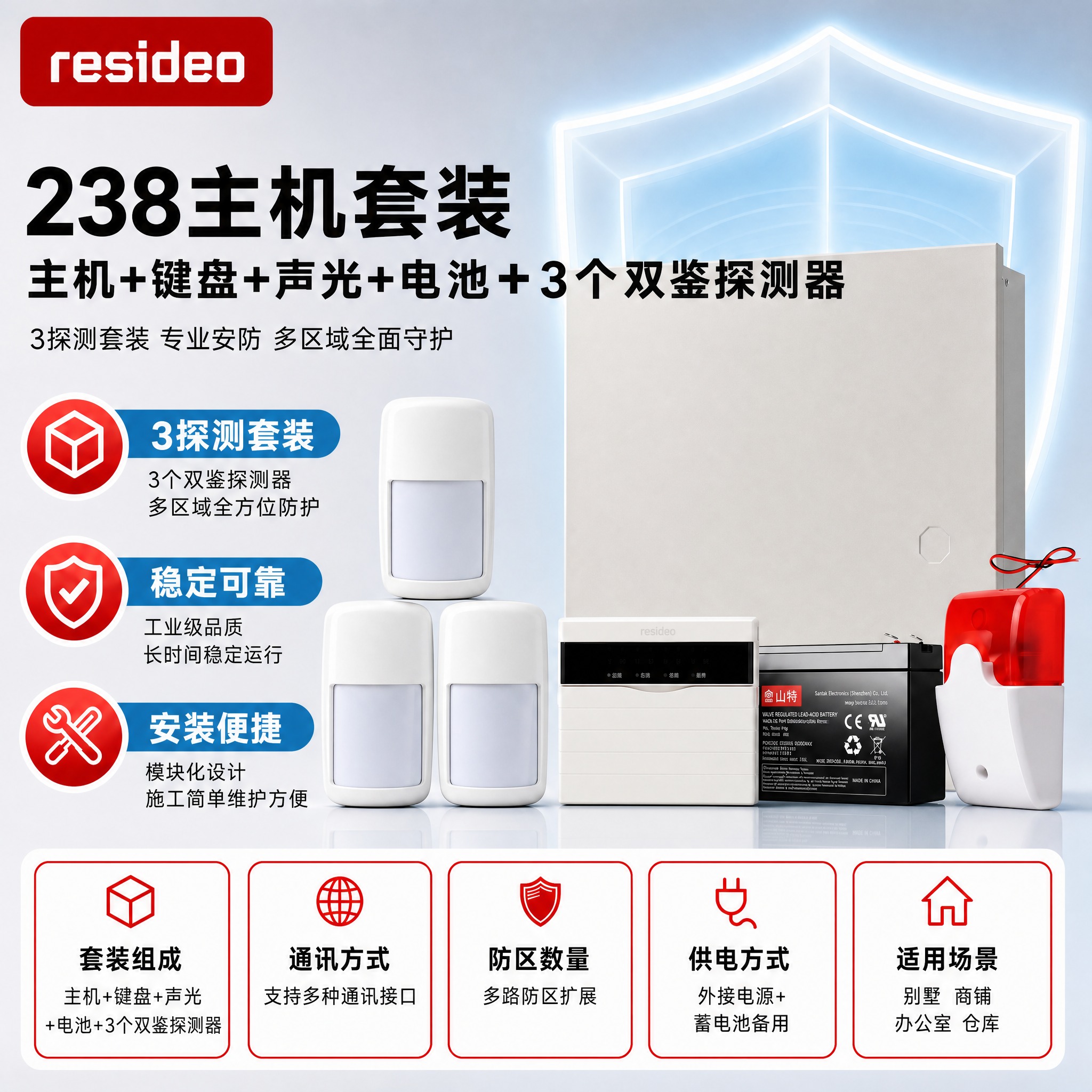 [主图-1] 238主机+键盘+声光+蓄电池+3个双鉴探测器… - 图片创意预览