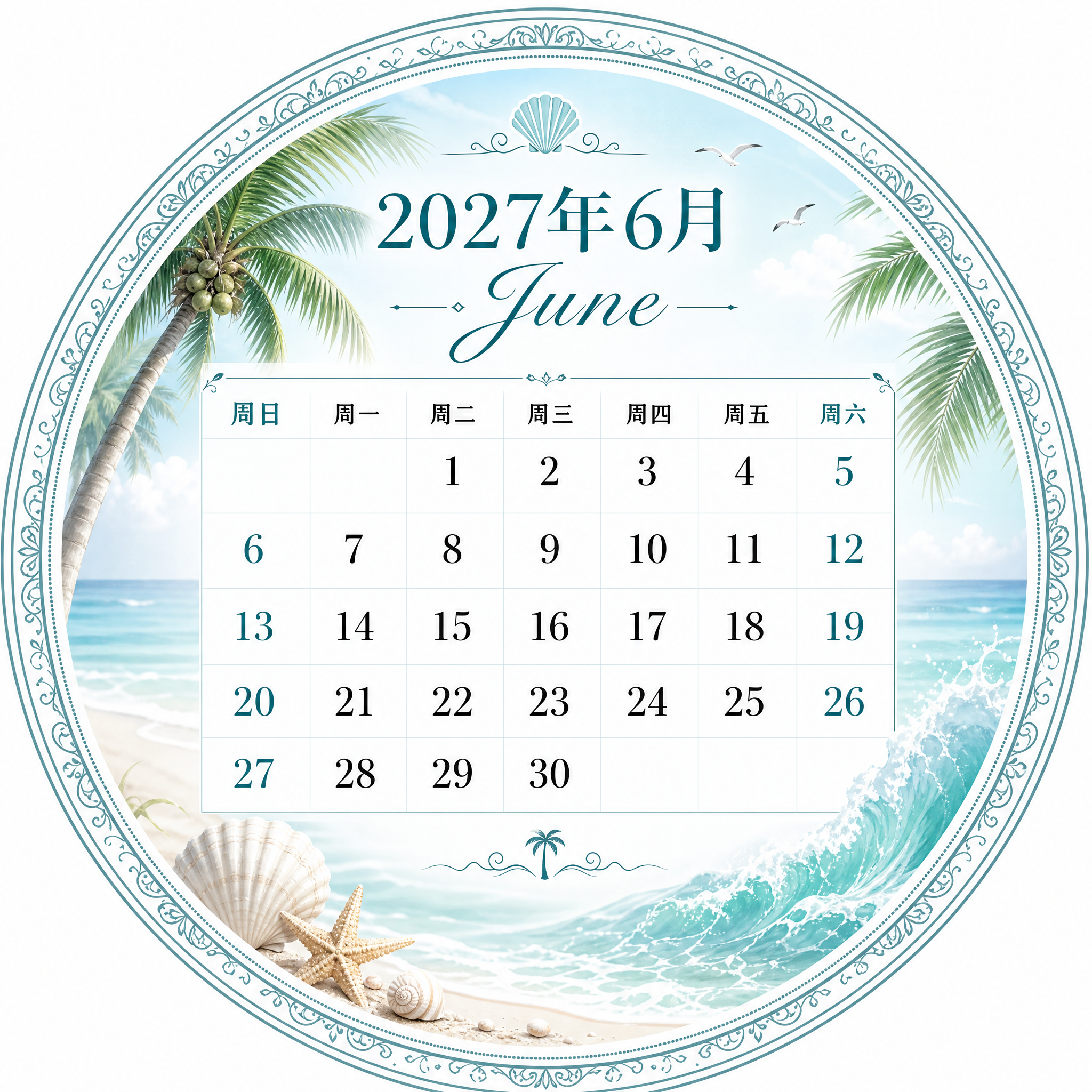 2027年6月圆形日历设计，整体为正圆形构图，圆形内包含完整的… - 图片创意预览