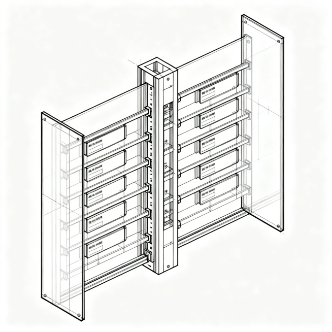 隔板主体剖视图，贯穿前后的标签插槽，两侧覆盖透明面板，插槽内有标识卡，工业机械绘图风格，清晰展示双面可视结构预览效果