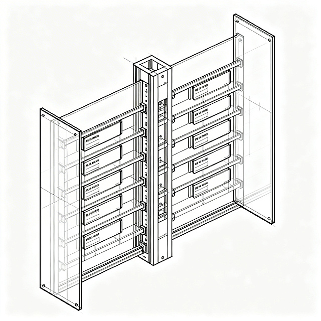 隔板主体剖视图，贯穿前后的标签插槽，两侧覆盖透明面板，插槽内有标识卡，工业机械绘图风格，清晰展示双面可视结构