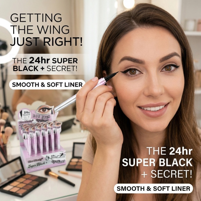 生成Kiss Beauty眼线笔的使用场景图，展示博主日常化妆使用眼线笔的真实场景，突出产品正在使用的状态，让观看者有代入感，产品为参考图中的粉色银渐变包装眼线笔，图中文字保留为英文预览效果