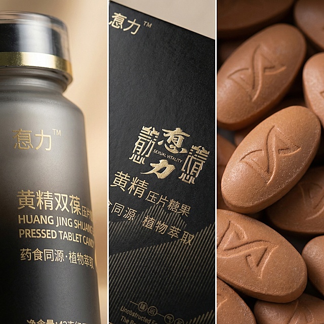 细节特写图，分别特写惪力黄精双葆压片糖果的瓶身质感、包装盒纹理、压片糖果的外观细节，突出产品的精致工艺和高品质，光影柔和，重质感展示