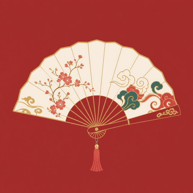 越剧折扇图标，完全扁平化设计，去除立体感和阴影，保留传统花卉祥云纹样，纯色背景，简约国风设计预览效果