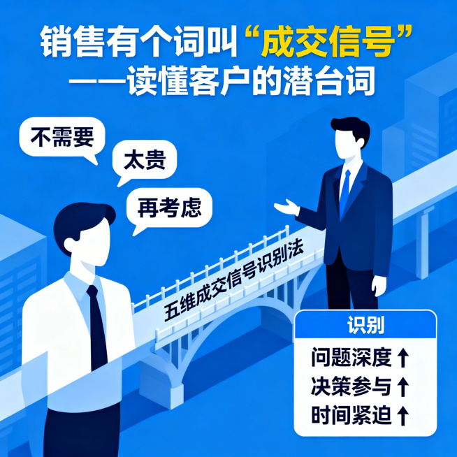 现代商务风格扁平化设计，蓝色调，简洁清晰。画面左侧是简洁专业的客户形象，对话气泡里写着"不需要"、"太贵"、"再考虑"；右侧是销售形象，识别框内显示"问题深度↑"、"决策参与↑"、"时间紧迫↑"；中间预览效果