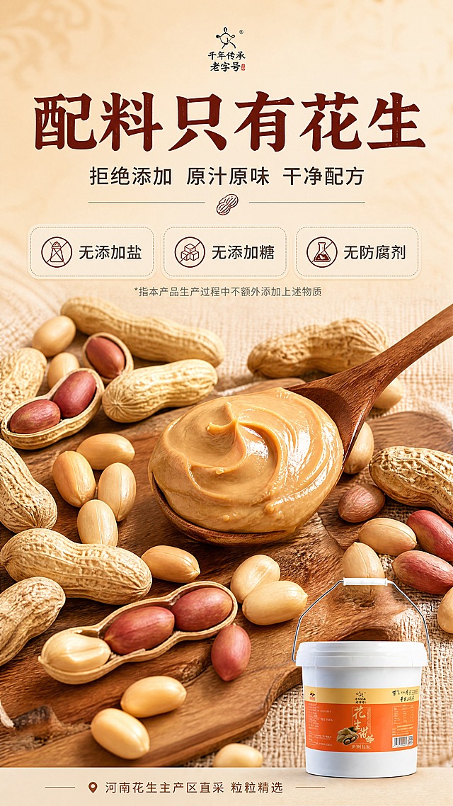 [商品] 使用【图1】5kg桶装花生酱作为辅助展示；保留白色桶身、橙黄色标签与品牌标识；本页产品占画面约20%，位于右下角作背书，主体为原料展示。
[画面] 目标：成分/产地专张，强调'配料只有花生'的干净标签。主视觉占画面60%为带壳红皮花生与去皮花生仁的微距平铺，颗粒饱满、纹理清晰，散落分布在浅木色背景上；中间一勺舀起的花生酱特写展示质地；右下角放置产品桶小图。原料元素合计占画面≥60%，突出原料真实感与纯净感。背景为浅米色亚麻布+木砧板，营造天然食材氛围。
[视觉] 套系策略：风格=中式老字号商业摄影风，暖调厚重有质感；标题字=中式书法粗宋+现代黑体组合；正文字=简洁无衬线黑体；主色=暖橙棕（取自标签橙）；背景延展=基于暖橙棕做深浅层级、木色纹理与暖光晕染；强调色=深棕红，仅用于小面积图标、引线和标签点缀；标题色=深棕红；正文色=深暖灰；组件=圆角米白底信息卡、细棕线引线、花生icon；光影=左前侧暖柔光，花生颗粒有自然高光与阴影。
[文字] 顶部大标题「配料只有花生」，副标题「拒绝添加 原汁原味 干净配方」，中部3个干净标签：①无添加盐 ②无添加糖 ③无防腐剂（脚注：指本产品生产过程中不额外添加上述物质），底部小字说明'河南花生主产区直采 粒粒精选'。全部横排，文字区位于上半部分，不遮挡花生原料主视觉。
[规格] 图片比例9:16竖版，4K分辨率，负向提示：避免变形、错字、文字过小、冷蓝背景、原料失真、医疗功效宣称、极限词。