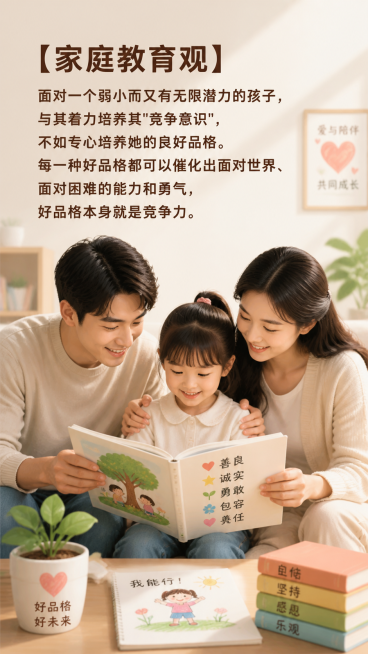 画面中只有一对现代青年中国父母和一个中国小女儿，温馨温馨和睦的家庭场景，表达家庭教育主题，主题思想是：面对一个弱小而又有无限潜力的孩子，与其着力培养其"竞争意识"，不如专心培养她的良好品格。每一种好品预览效果
