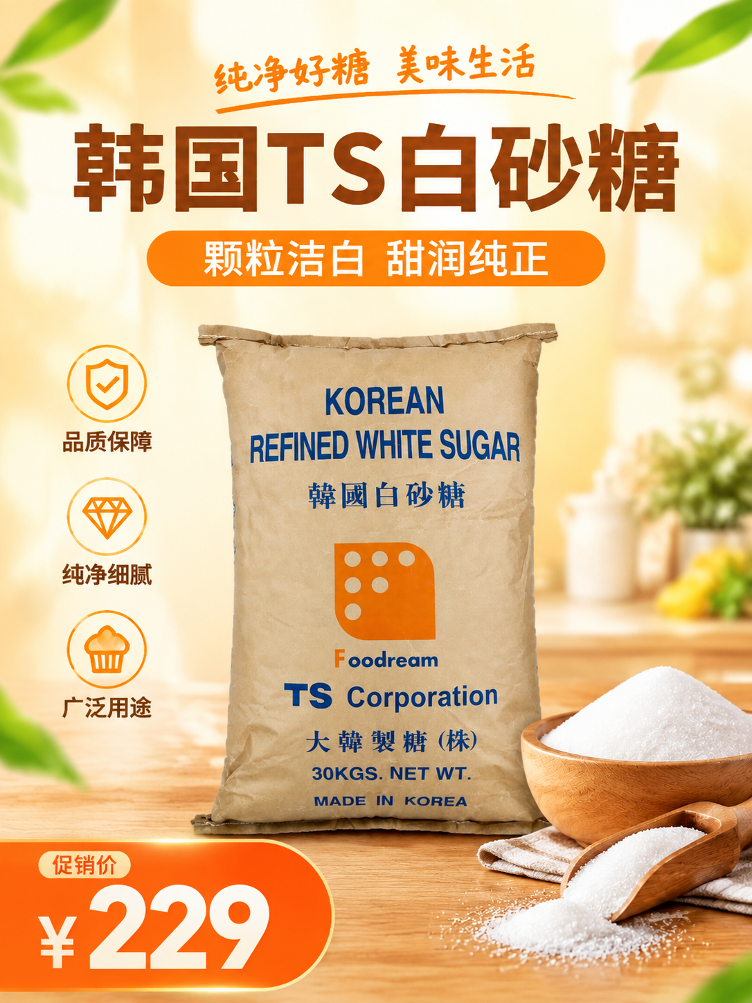 小程序弹窗商品海报，韩国TS白砂糖促销。画面主体为一袋韩国TS… - 图片创意预览