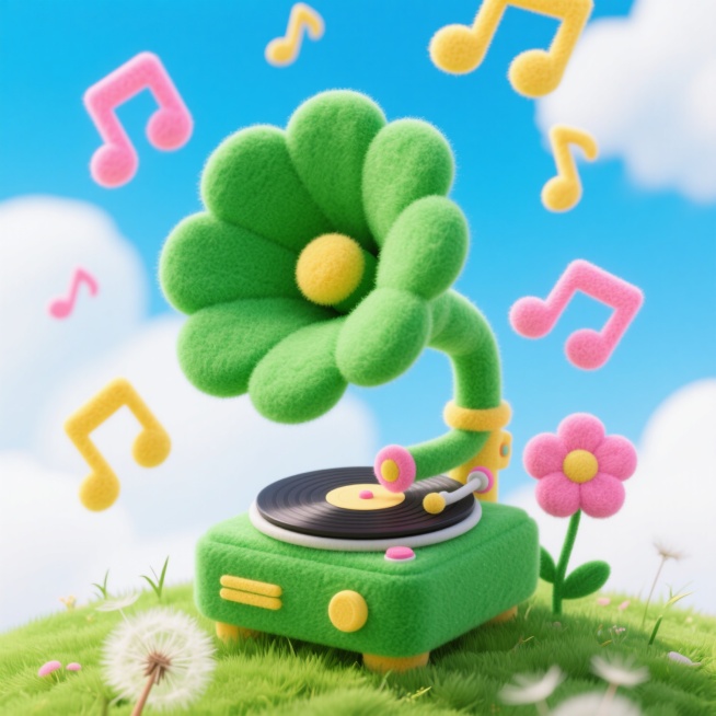 绿色喇叭花造型置换成留声机，粉色和黄色的音符悬浮在周围，绿色的留声机底座。上面有唱片碟播放着音乐，侧面有一朵粉色的花，绿草地，蒲公英，背景是蓝白色渐变的天空，白云点缀，多巴胺配色，高纯度，潮流感预览效果