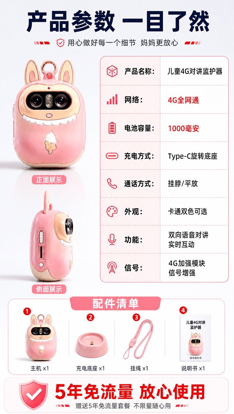 [商品] 使用【图1】粉色卡通兔子造型儿童4G对讲监护器；保留… - 图片创意预览