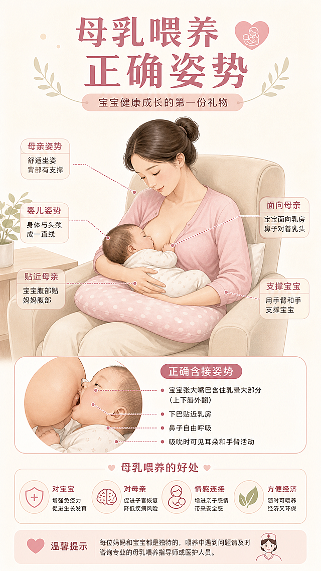 温馨母婴科普图，展示标准正确的母乳喂养姿势，干净简洁的医学科普插图风格，清晰呈现母婴体位，画面柔和温馨
