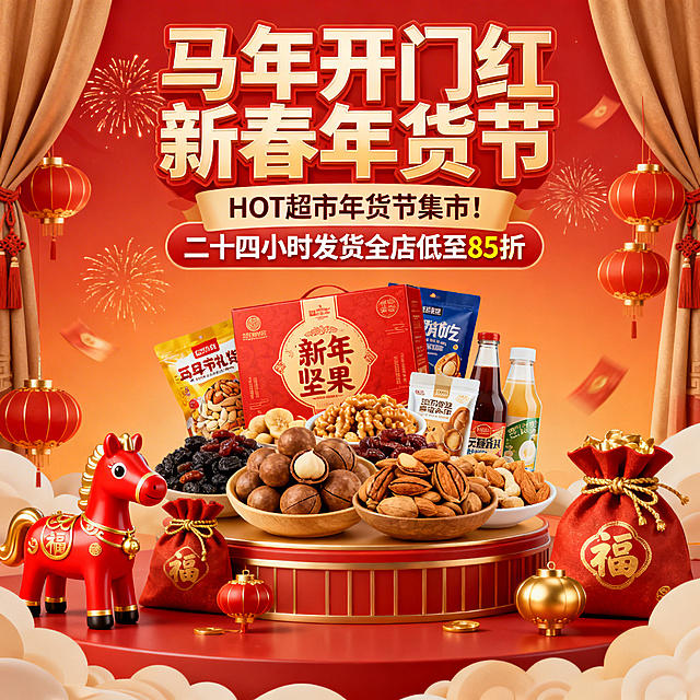 “马年开门红·新春年货节” 超市促销海报，核心元素:年货组合(坚果礼盒、零食包装、饮品)、红金新春装饰(小马、福袋、灯笼);文字布局:顶部“马年开门红新春年货节”主标题、中部“HOT超市年货节集市!二十四小时发货全店低至85折”标语，背景红橙渐变+烟花/中式帷幔点缀。构图:年货组合居画面中下部作视觉焦点，促销文字叠于上部强化信息，新春装饰环绕烘托氛围，视觉热闹且突出产品。色彩:正红+鎏金+坚果暖棕为主，色调浓郁喜庆。风格:新春集市+超市促销风，元素质感饱满(年货包装细节、装饰元素光泽、背景氛围)，传递元旦年货节的优惠吸引力与热闹年味。