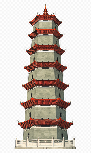 只保留塔的部分，将塔摆正，转换为国风插画风格贴纸，透明背景预览效果