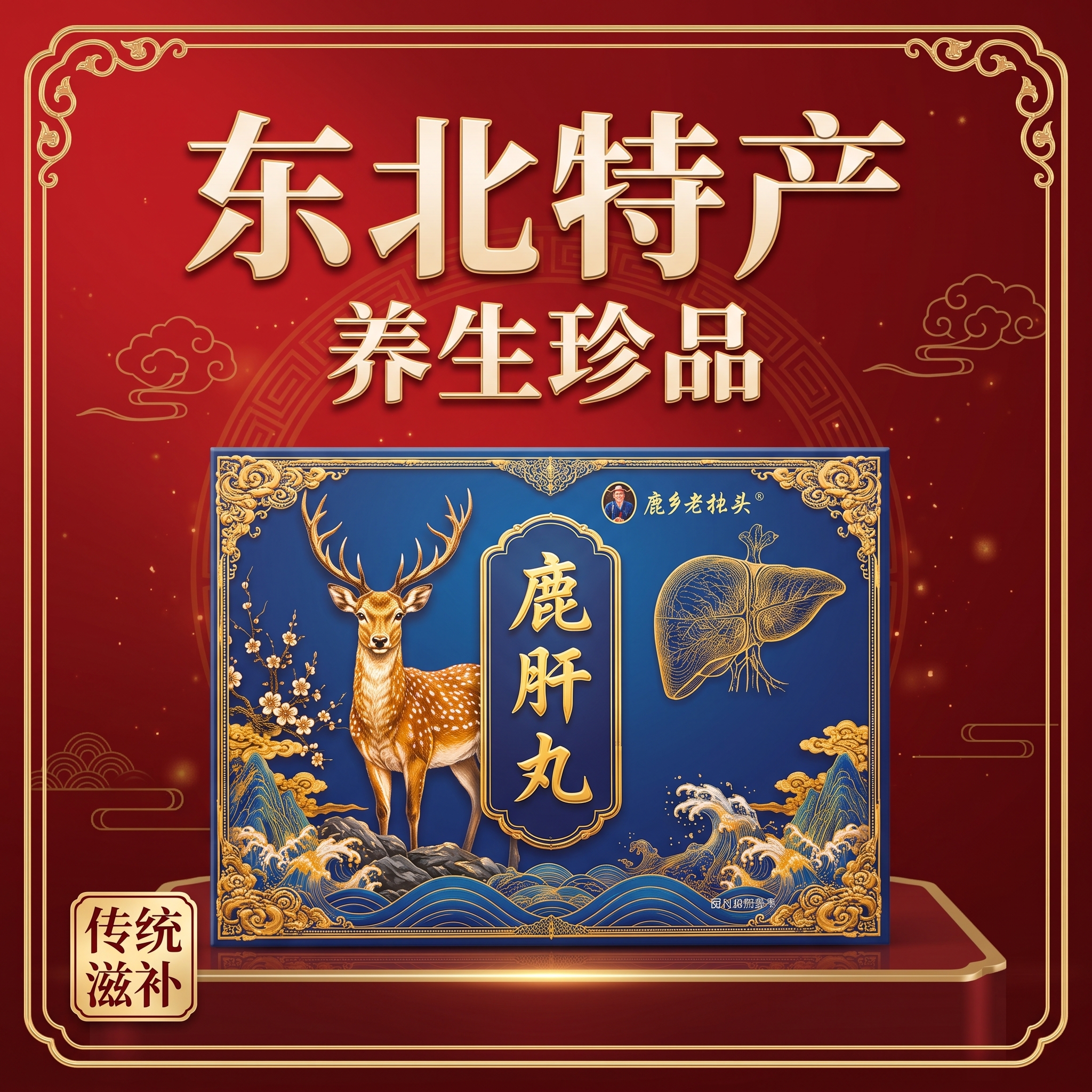电商主图：以参考图中的深蓝色烫金「鹿肝丸」礼盒（鹿乡老把头品牌… - 图片创意预览