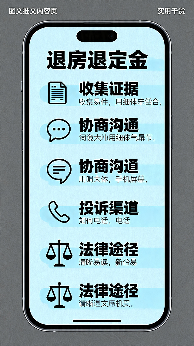 退房退定金方案图文推文内容页，竖版设计，分点清晰展示完整退定流程步骤：1.收集证据 2.协商沟通 3.投诉渠道 4法律途径，搭配简洁图标，清晰易读，实用干货风格，适合手机阅读