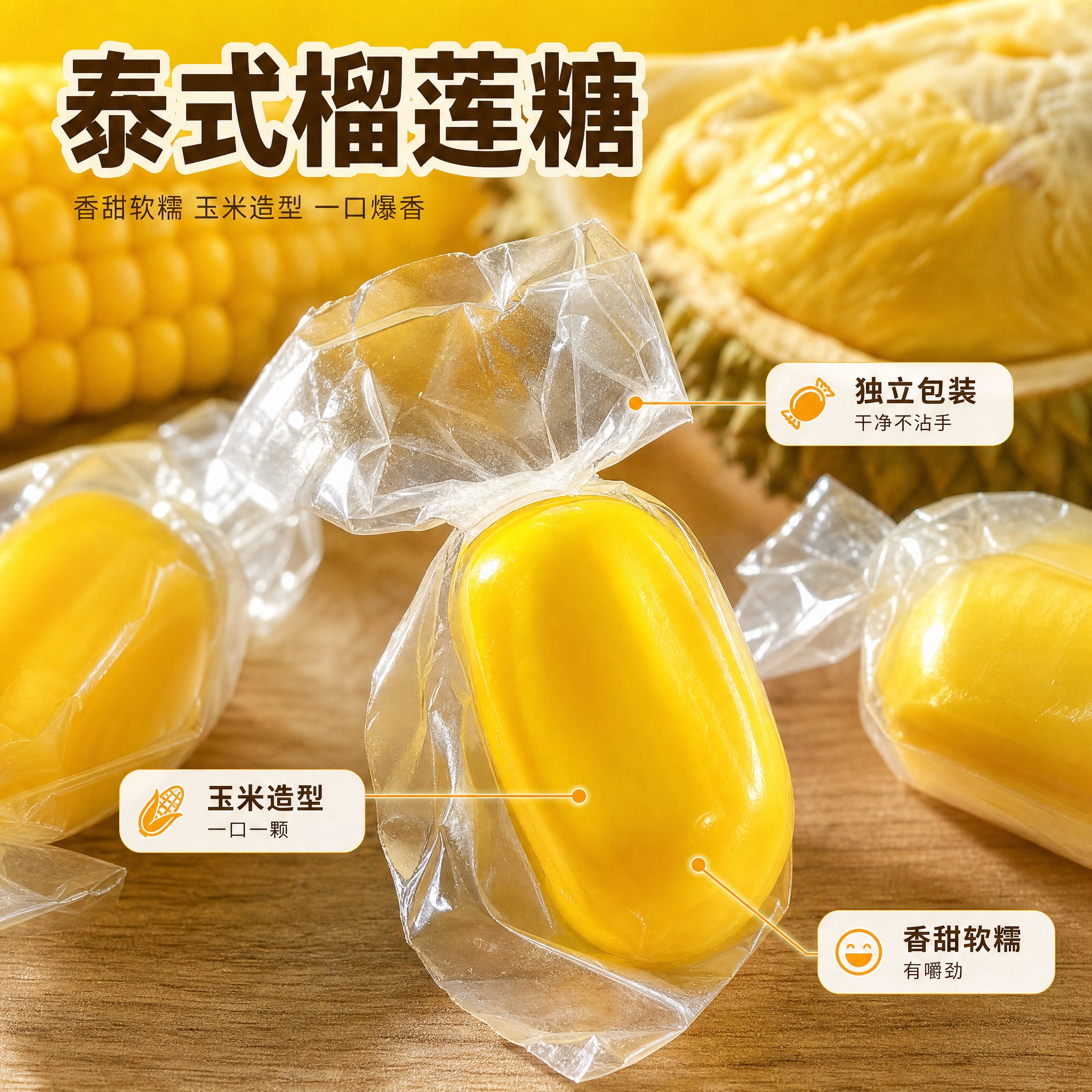 [主图-3] 泰式榴莲糖 细节与成分微距图，唯一任务：放大糖果… - 图片创意预览