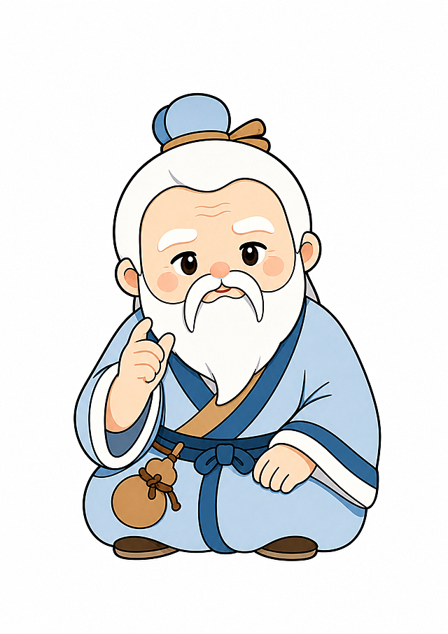 给这个扁鹊形象加上扎实加粗的黑色轮廓线描，保持原姿势、色彩和造型不变