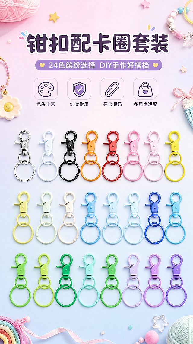 [商品] 使用【图1】钳扣配卡圈套装24色全家福；保留钳扣+卡圈组合结构、24种马卡龙色彩、金属烤漆质感、各色色号与名称对应关系，不改变产品形状、比例和开合结构；商品处理：保留全部24款产品外观，增强烤漆表面光泽与金属质感，去除原图底部色号文字，产品本身结构不变。
[画面] 目标：头图海报，突出色彩丰富与产品全貌，吸引DIY手工爱好者。构图：上下结构，上方留标题区，下方产品矩阵居中展示，产品占画面60%。景别：全景。主体角度：正俯视平铺。阅读动线：从上到下，先看标题再看产品。前中后景：前景柔和渐变光晕，中景24色钳扣卡圈整齐矩阵排列，后景浅马卡龙渐变背景。场景：清新马卡龙色系影棚摆拍，点缀少量手工DIY小元素（如毛线、小挂饰、星星贴纸）营造手作氛围。
[视觉] 套系策略：风格=清新马卡龙多巴胺风商业摄影；标题字=圆润粗黑体；正文字=简洁无衬线体；主色=马卡龙粉紫渐变；背景延展=基于粉紫蓝马卡龙三色做柔和渐变、同色深浅层级和细腻磨砂质感；强调色=亮黄色，仅用于小面积图标、标签和装饰元素；标题色=深紫灰；正文色=中灰；组件=圆角信息卡、细线引线、彩色圆点装饰；光影=顶部均匀柔光，产品下方柔和投影。
[文字] 顶部居中主标题"钳扣配卡圈套装"，副标题"24色缤纷选择  DIY手作好搭档"；下方两侧各放2个小卖点图标+短文案："色彩丰富""结实耐用""开合顺畅""多用途适配"；文字不遮挡产品主体，手机端清晰可读。
[规格] 图片比例9:16竖版，4K，负向提示：避免变形、错字、文字过小、产品缺色少件、颜色失真、结构改变、冷灰背景、杂乱元素。