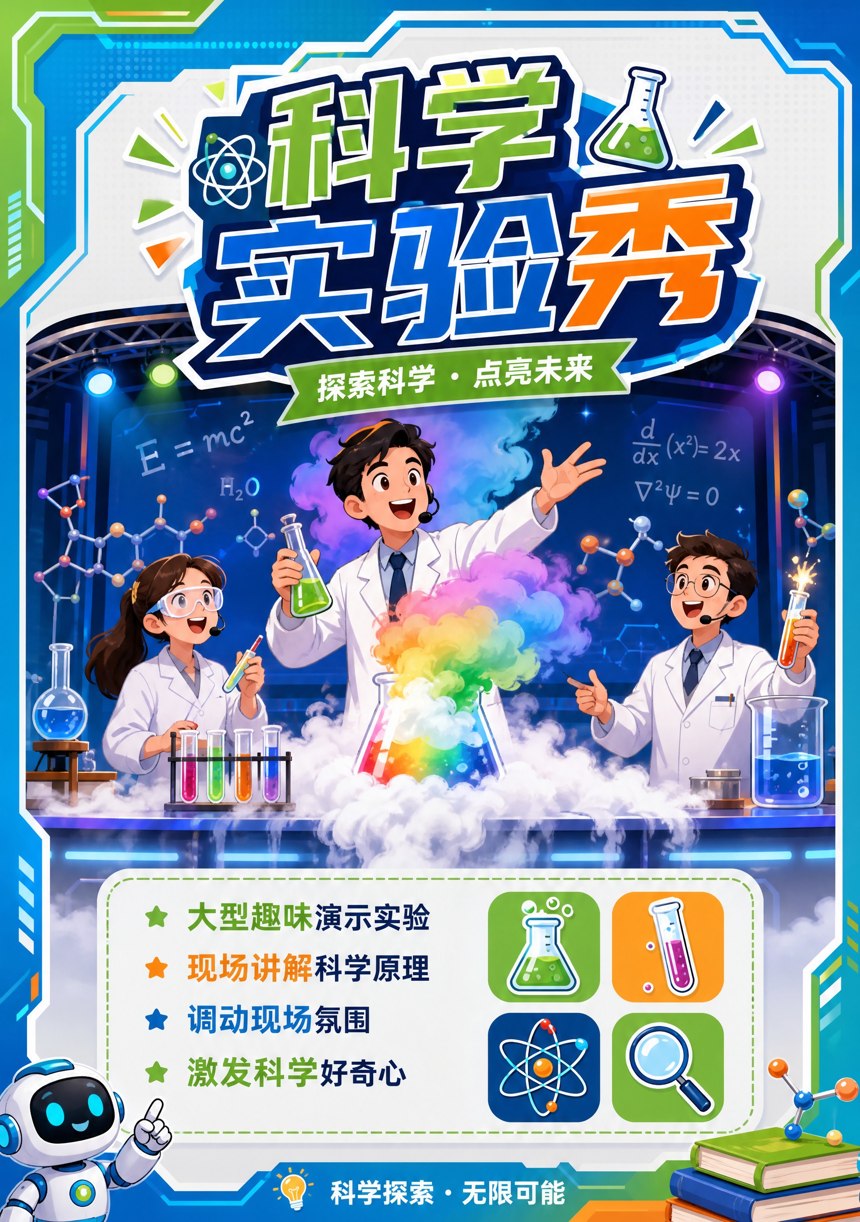 卡通科技风宣传手册内页，竖版A4比例。页面主题"科学实验秀"，… - 图片创意预览