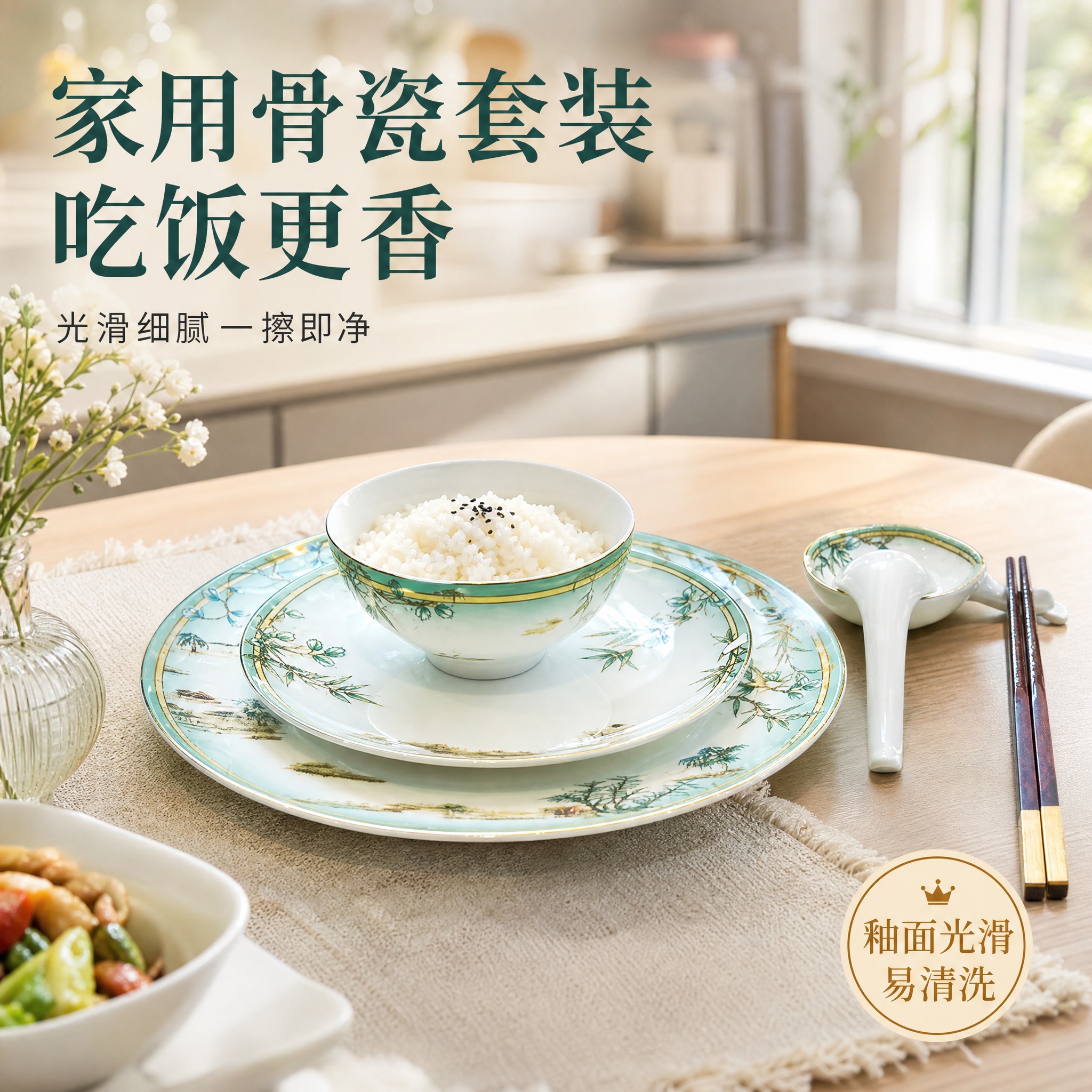 [主图-2] 新中式青竹描金骨瓷餐具餐桌场景图，拼多多风格，突… - 图片创意预览