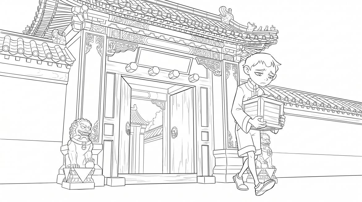 保持原有的线稿画风不变，改成横构图，小男孩男主做出走动的动作，手里抱着箱子，情绪落寞低头看着箱子，走出古建家门外，背景是古建筑家门预览效果