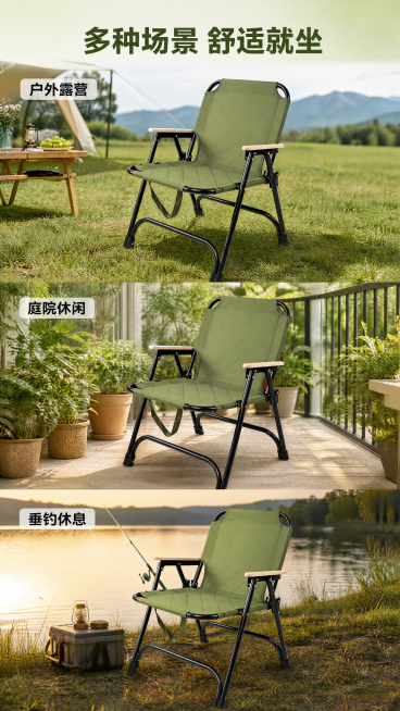 [第5屏] 多场景使用展示，便携式折叠躺椅子，本屏使用【图1】作为商品参考，每个场景产品都保持颜色结构材质与原图一致。
[氛围/风格] 场景拼图风，真实自然，生活氛围感强，商业摄影质感。
[元素布局]预览效果