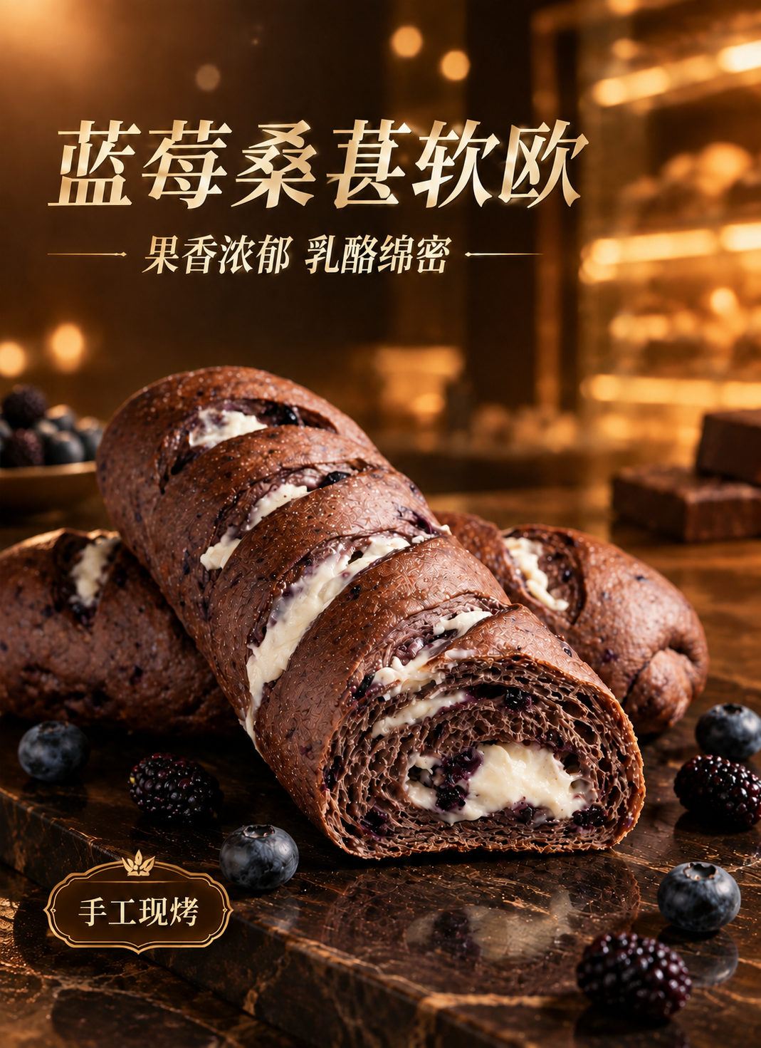 基于这张蓝莓桑葚软欧的海报图，将主标题文字修改为"蓝莓桑葚软欧… - 图片创意预览
