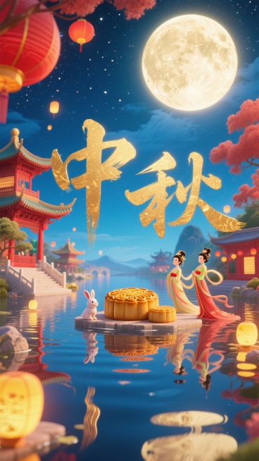 传统中秋节，国潮插画风，金色“中秋”大字是书法体。有月饼，兔子，嫦娥，宫殿的传统元素，上半图背景是夜空+圆月，前景是水面倒影。色彩保和明亮，字体磨砂闪金，整体画面宏大灵动，整体氛围是热闹喜庆。背景底色预览效果