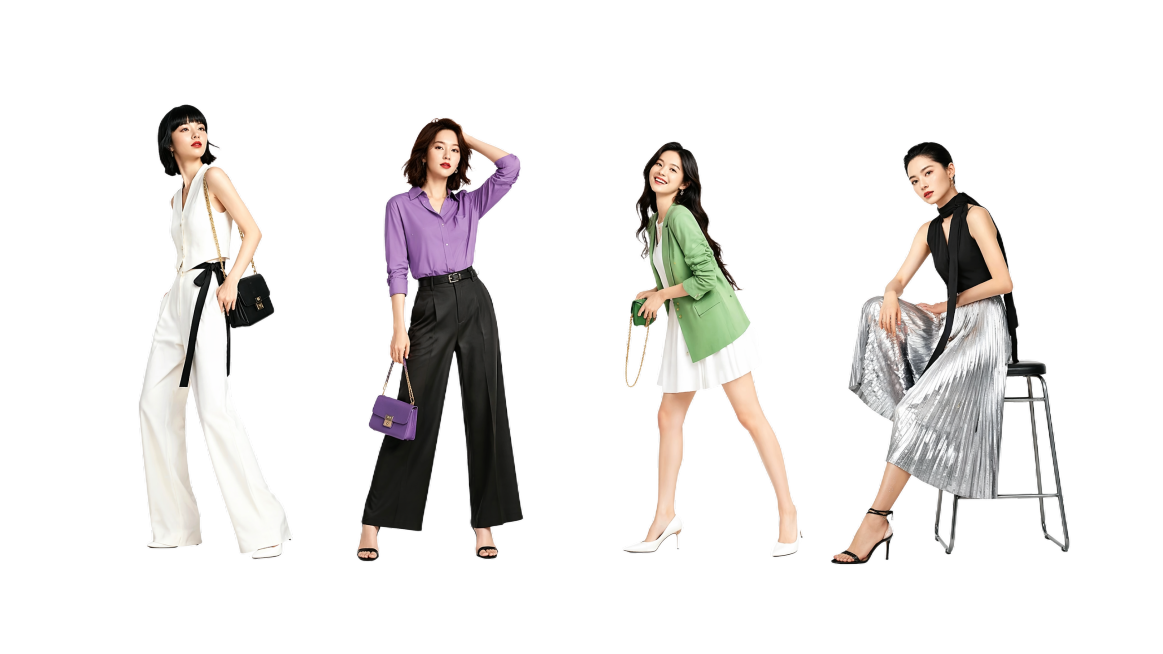 参考图风格，再生成4个不同姿势的时尚女模特，和参考图风格一致，白底背景，都市时尚穿搭，高清写实，姿势与上面一组不重复预览效果
