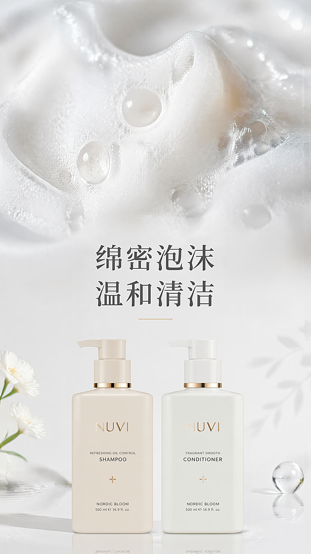 [第3屏]泡沫质地页，瑞妆洗护。上半部分绵密泡沫微距特写，下半放图1两瓶产品。标题“绵密泡沫 温和清洁”，浅色干净背景，9:16，4K，文字清晰，负向：泡沫杂乱,产品变形