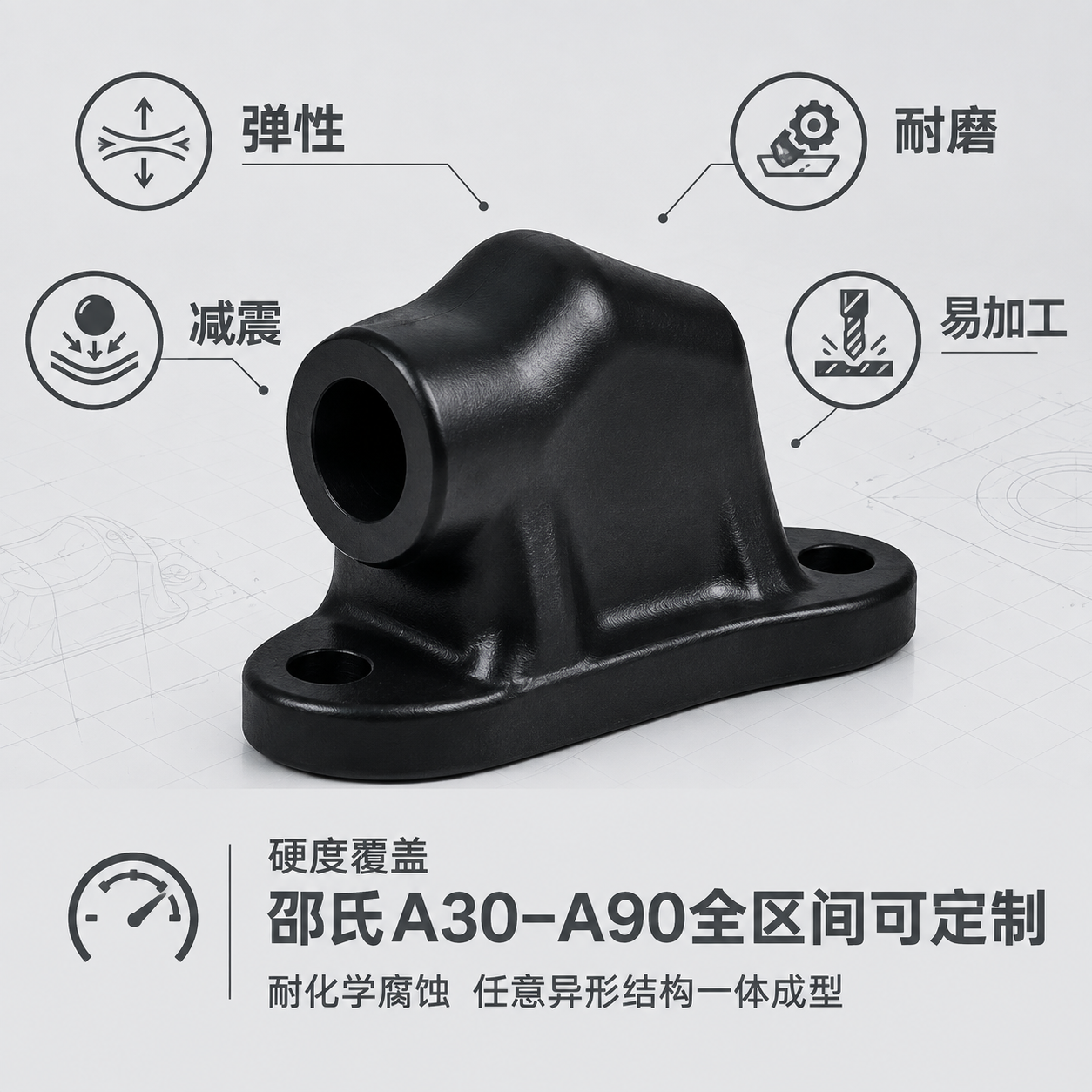 [主图-3] 材质卖点图，突出实心黑PU材料的四大核心性能优势… - 图片创意预览
