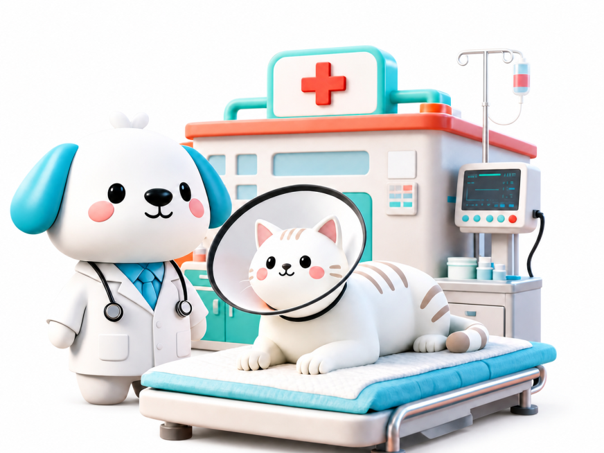 去除图片中残留的水印，保留原有3D卡通宠物医院场景的完整内容和构图，保持纯白背景与原图风格不变预览效果