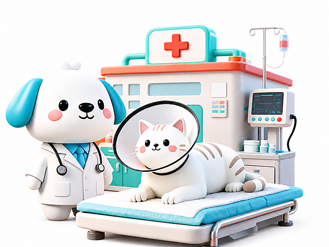 去除图片中残留的水印，保留原有3D卡通宠物医院场景的完整内容和构图，保持纯白背景与原图风格不变