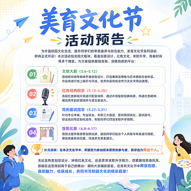 校园美育文化节活动预告海报，设计排版美化文字内容，新增奖项说明：在本次文化节中，积极努力参加但未获奖的选手，将评选为突出个人。整体文字设计清晰美观，风格青春校园，简约高级。完整文案：
标题“美育文化节活动预告”
正文：为丰富校园文化生活，提升同学们的审美素养与综合能力，美育文化节系列活动即将正式开启！本次活动包含四大板块，覆盖创意设计、红色文化、求职升学、青春时尚等多个维度，为大家提供展现自我、突破自我的平台：
1.文创大赛（5.6-5.12）：围绕帆布袋等载体开展创意设计，打造兼具实用性与艺术感的文创作品，作品将进行线上展示与评选，优秀作品有机会作为文化节周边使用。
2.红色经典配音（5.13-5.20）：选取红色影视片段进行配音演绎，通过声音复刻经典场景，传递红色精神，展现青年的家国情怀与语言表现力。
3.简历面试指导（5.27-5.31）：针对考公考编、专业就业、考研三大赛道，提供简历优化、面试技巧、职业规划等定制化指导，帮助同学们扫清求职升学障碍。
4.穿搭比赛（6.8-6.17）：围绕主题开展穿搭创意比拼，鼓励同学们结合个人风格与审美进行搭配，展现青春时尚态度，传递多元审美理念。
补充说明：在本次文化节中，积极努力参加但未获奖的参与者，将评选为突出个人。
结尾：无论是热爱创意设计、钟情红色文化，还是需求求职升学助力、想要展现青春风采，都能在这里找到属于自己的舞台！期待大家踊跃报名，在美育文化节中释放创意、展现魅力、收获成长，共同书写校园文化的精彩篇章！