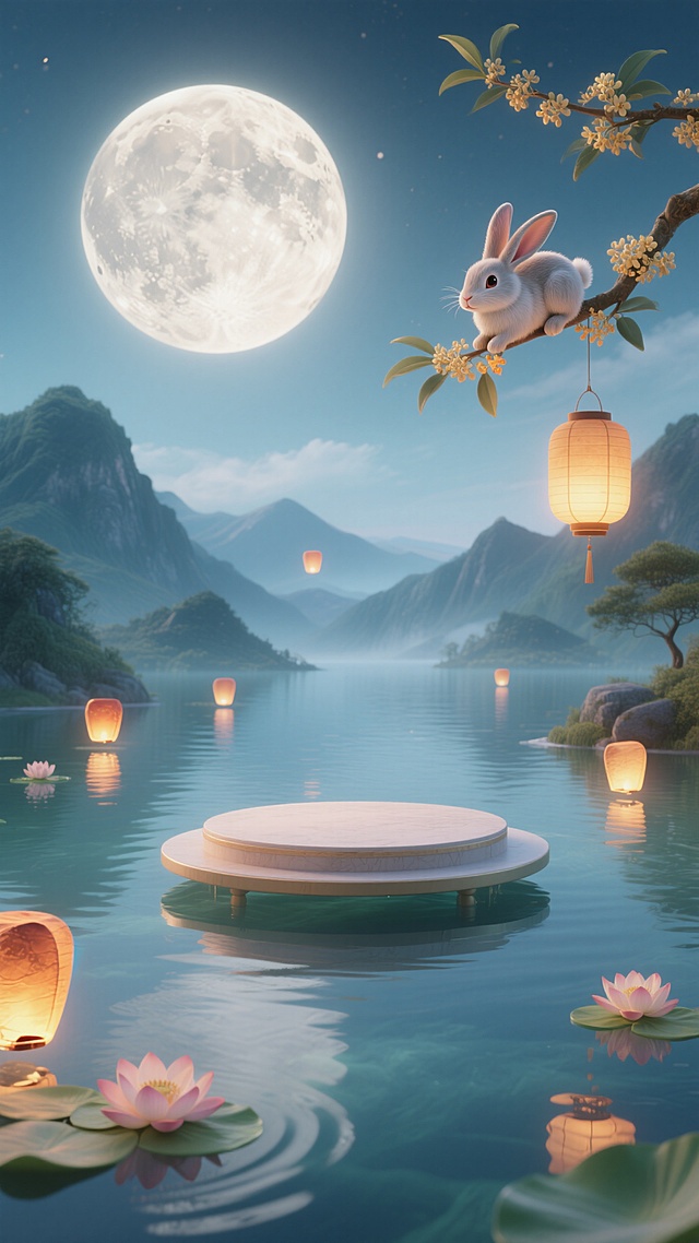 前景漂浮一个圆形展台。清澈透明的湖面，巨型的圆月，连绵的山脉，右上角伸出桂花枝（枝头一只兔子、悬挂灯笼），湖泊上飘着小小的莲花灯，远处几个孔明灯。整体温暖氛围。